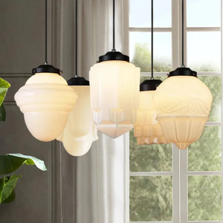 Suspension Géométrique en Verre Blanc Mat – Éclairage Vintage Élégant