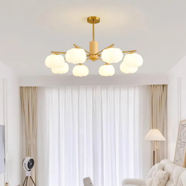 Chandelier Moderne en Bois et Métal avec Boules en Coton – Éclairage Élégant pour Salon et Salle à Manger