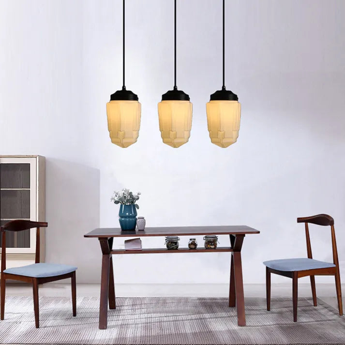 Suspension Géométrique en Verre Blanc Mat – Éclairage Vintage Élégant