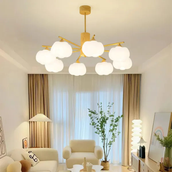 Chandelier Moderne en Bois et Métal avec Boules en Coton – Éclairage Élégant pour Salon et Salle à Manger