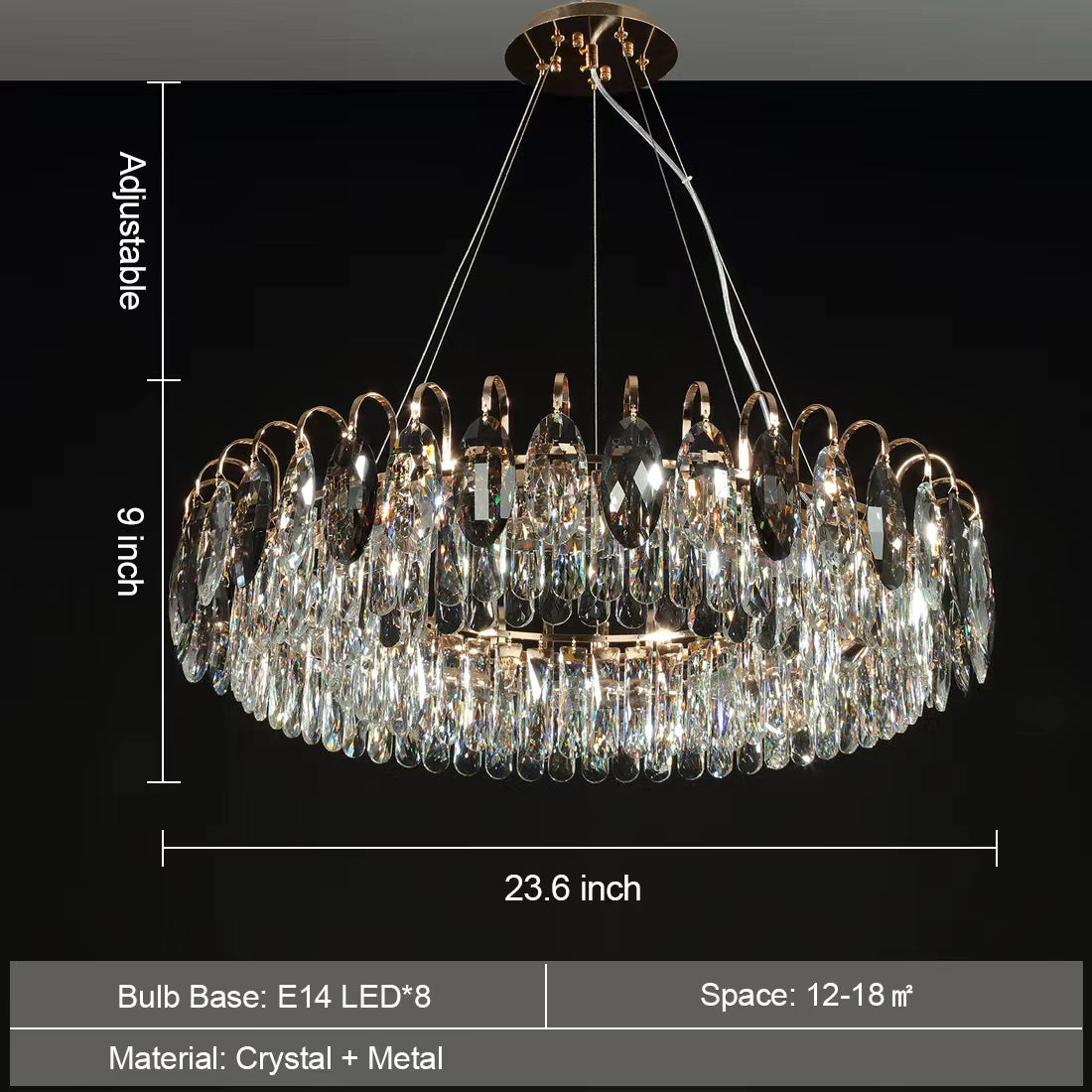 Chandelier Cristal K9 - Luminaire Élégant en Métal Rose Gold, LED Dimmable, Plusieurs Tailles