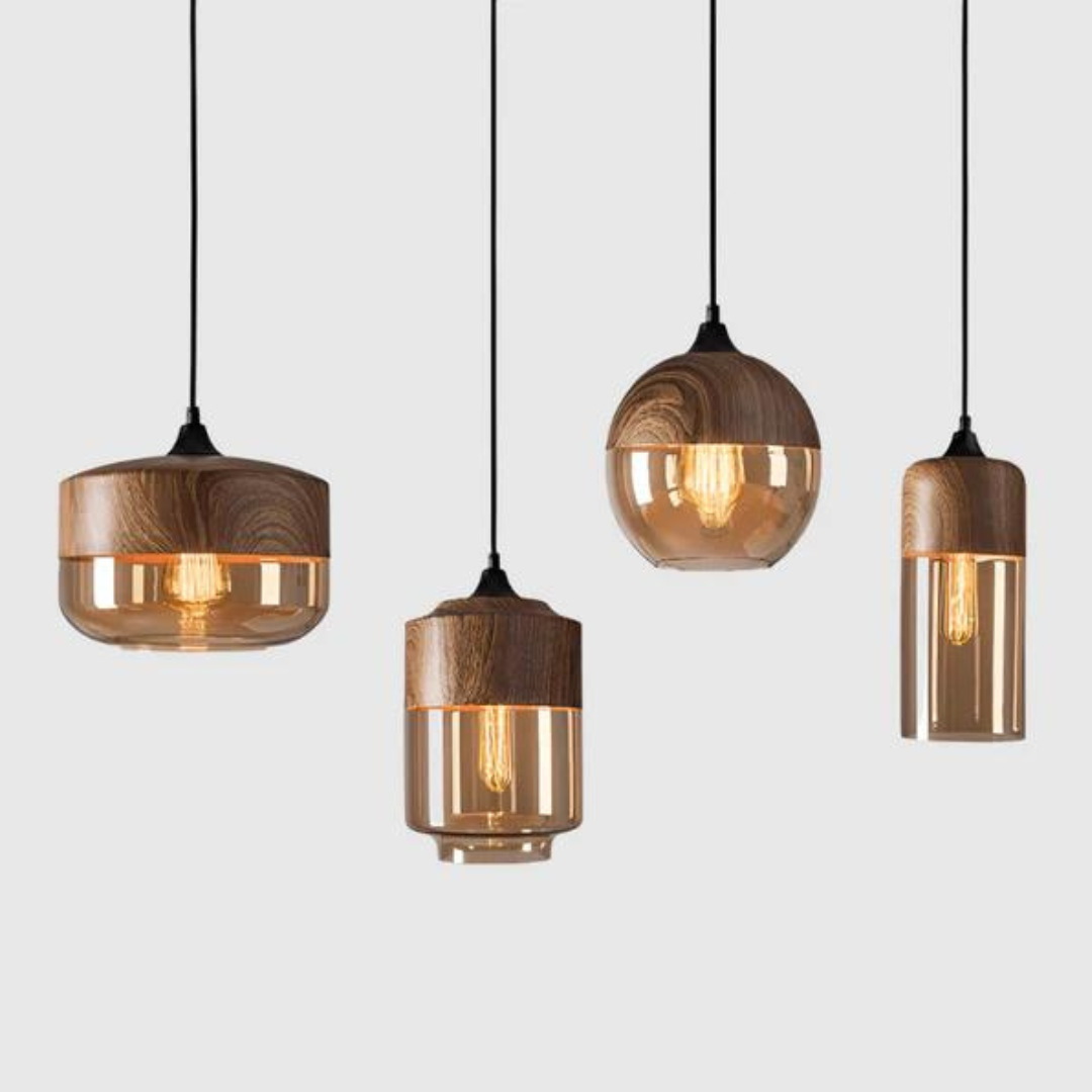 Suspension NordLuna – Élégance Scandinave en Bois et Verre Teinté