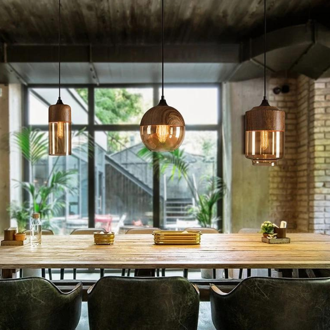 Suspension NordLuna – Élégance Scandinave en Bois et Verre Teinté