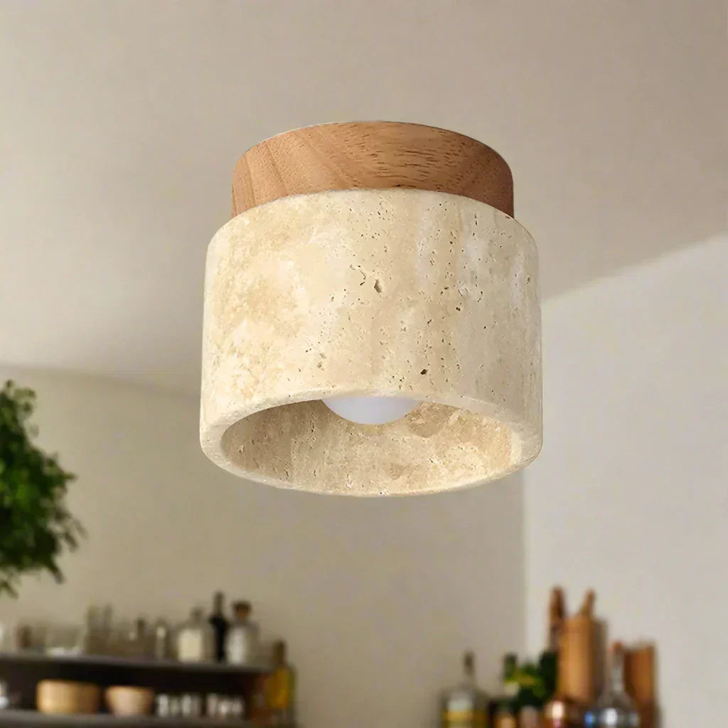 Lampe de Plafond Japonaise Créative en Crème - Design Minimaliste avec Base en Marbre et Bois