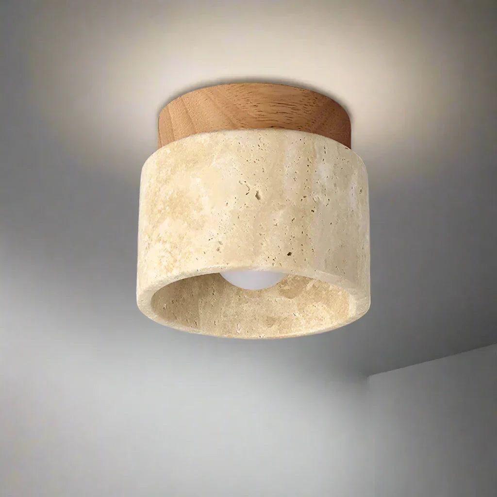 Lampe de Plafond Japonaise Créative en Crème - Design Minimaliste avec Base en Marbre et Bois