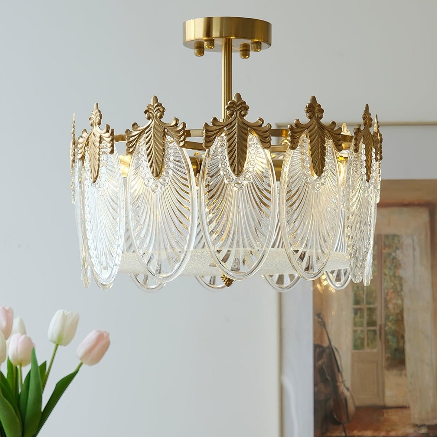Chandelier Rond en Verre avec Motif Décoratif - Lampe Suspendue Élégante