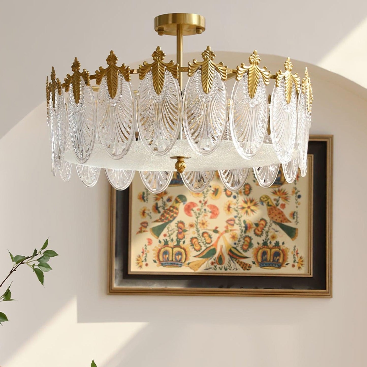 Chandelier Rond en Verre avec Motif Décoratif - Lampe Suspendue Élégante