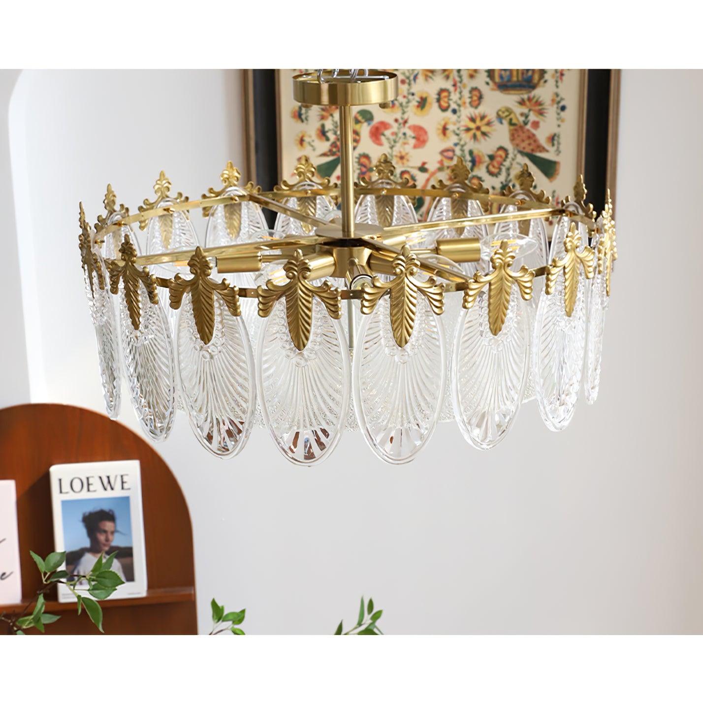 Chandelier Rond en Verre avec Motif Décoratif - Lampe Suspendue Élégante
