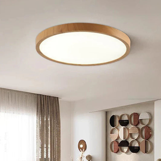 Plafonnier Circulaire Ultra-Fin – Design Minimaliste avec Finition en Noyer et Éclairage LED Réglable