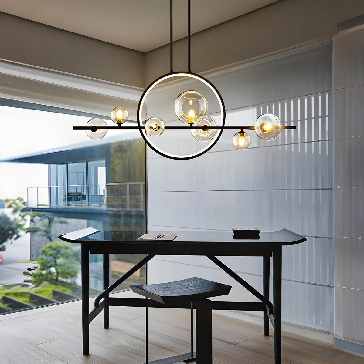 Lampe Design Moderne ELARA – Suspension avec Anneau LED et Boules en Verre