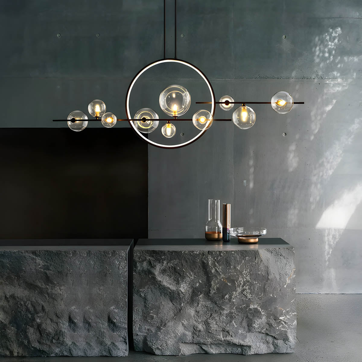Lampe Design Moderne ELARA – Suspension avec Anneau LED et Boules en Verre