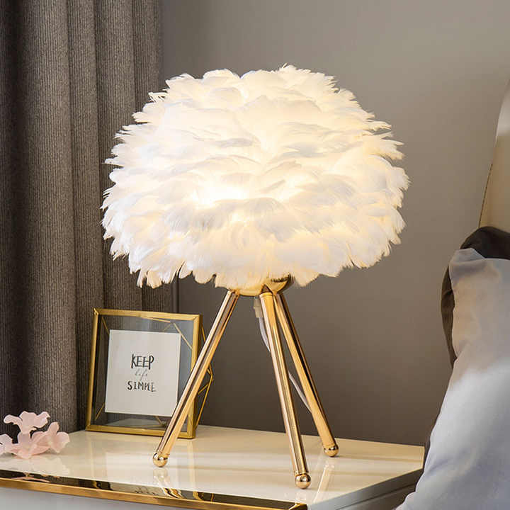 MissFeather Lampe de Table de Luxe – Abat-jour en Plumes avec Fonction Dimmable
