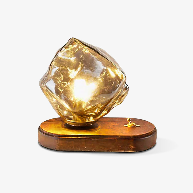 Lampe de Table en Verre Ice Stone – Design Élégant avec Base Métal et Bois