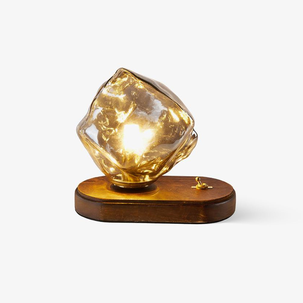 Lampe de Table en Verre Ice Stone – Design Élégant avec Base Métal et Bois