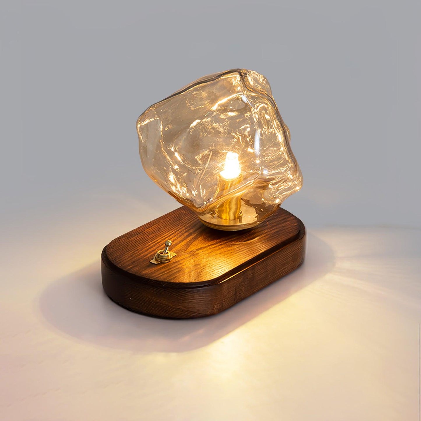 Lampe de Table en Verre Ice Stone – Design Élégant avec Base Métal et Bois