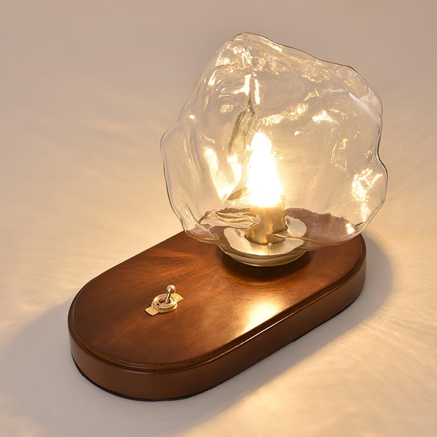 Lampe de Table en Verre Ice Stone – Design Élégant avec Base Métal et Bois