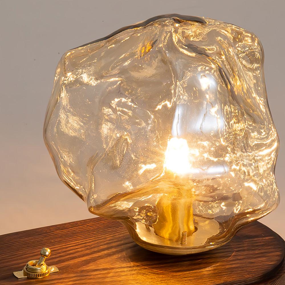Lampe de Table en Verre Ice Stone – Design Élégant avec Base Métal et Bois