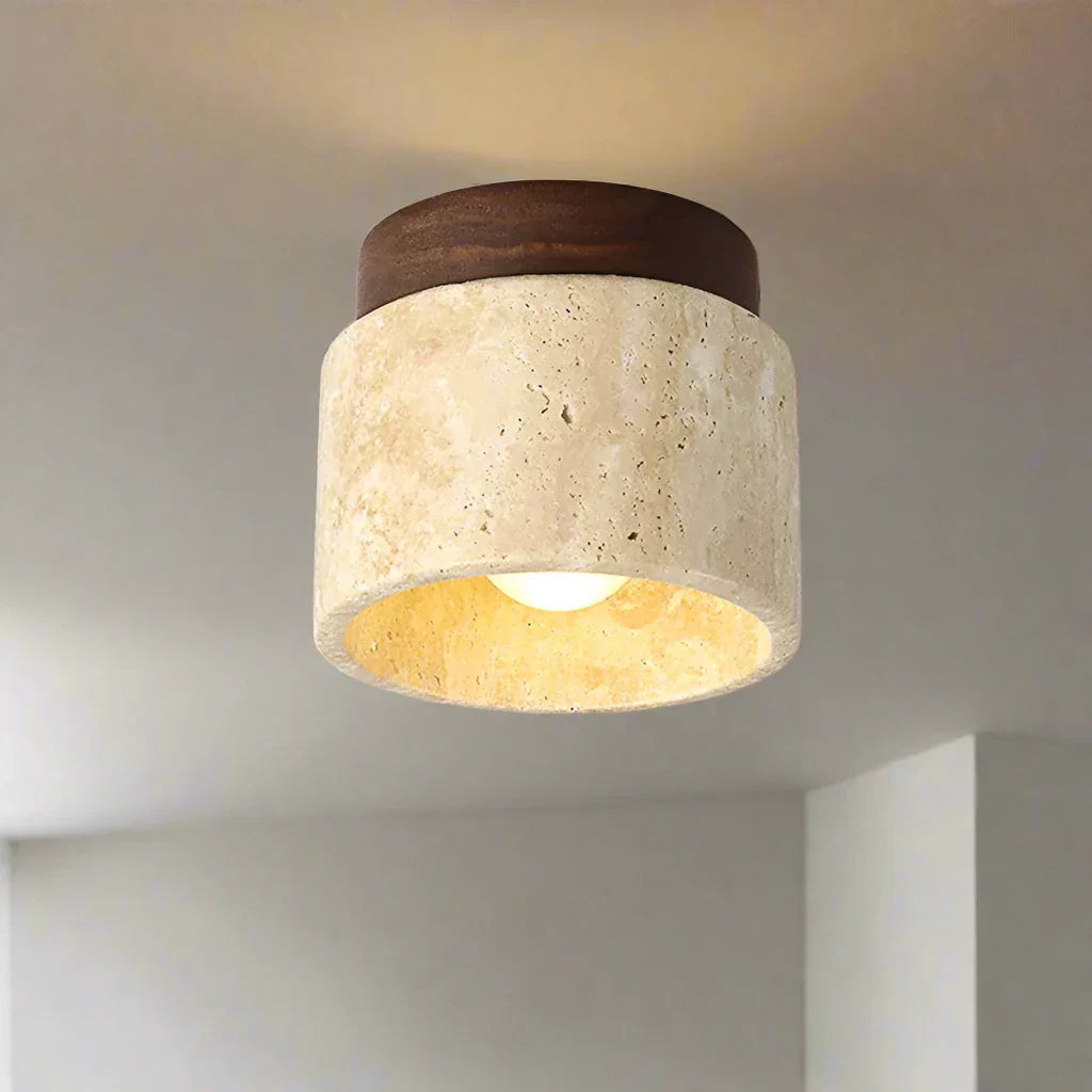 Lampe de Plafond Japonaise Créative en Crème - Design Minimaliste avec Base en Marbre et Bois