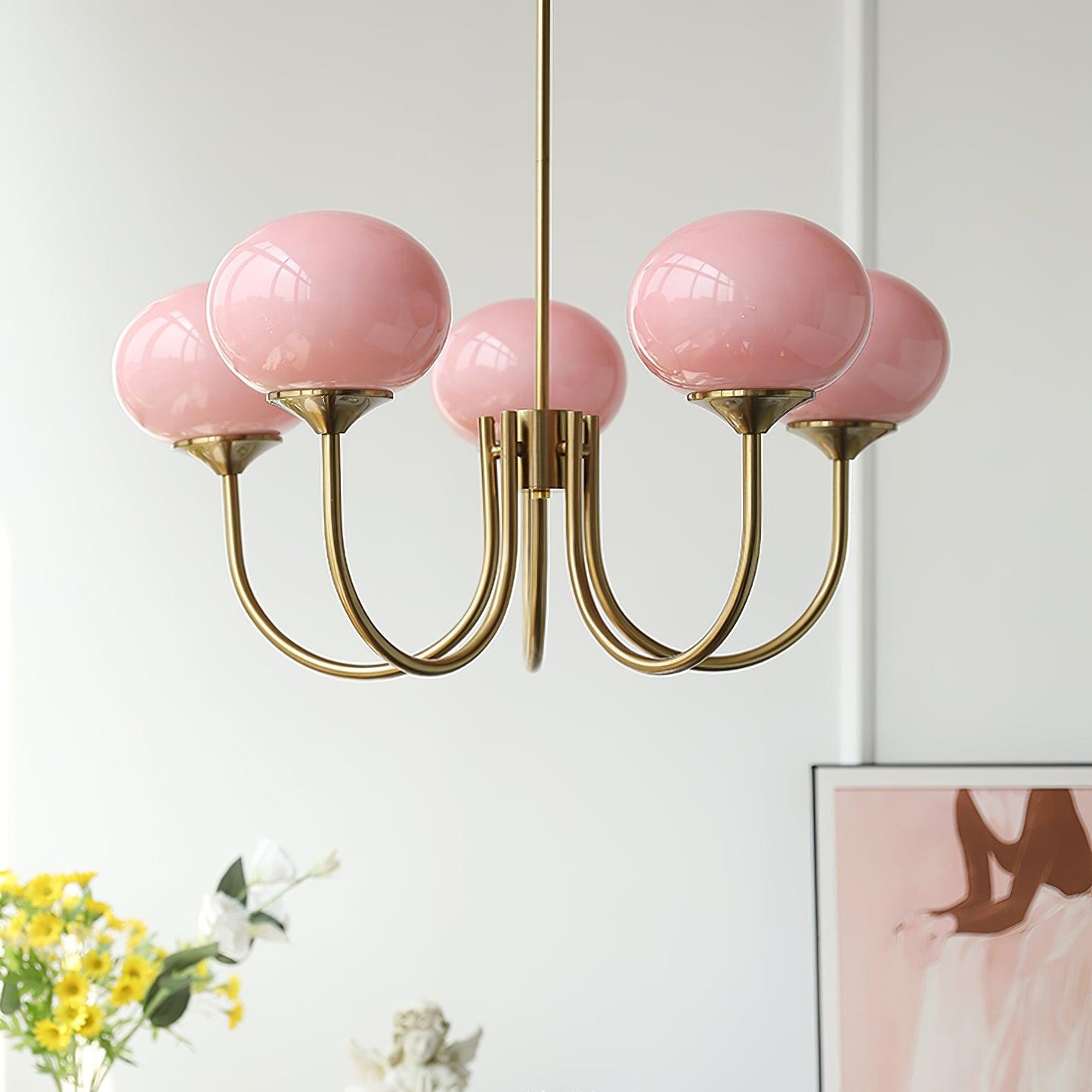Plafonnier Moderne à 3 ou 5 Têtes - Fini Doré avec Abat-jours Roses en Verre