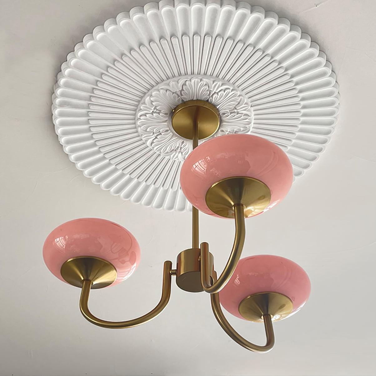 Plafonnier Moderne à 3 ou 5 Têtes - Fini Doré avec Abat-jours Roses en Verre
