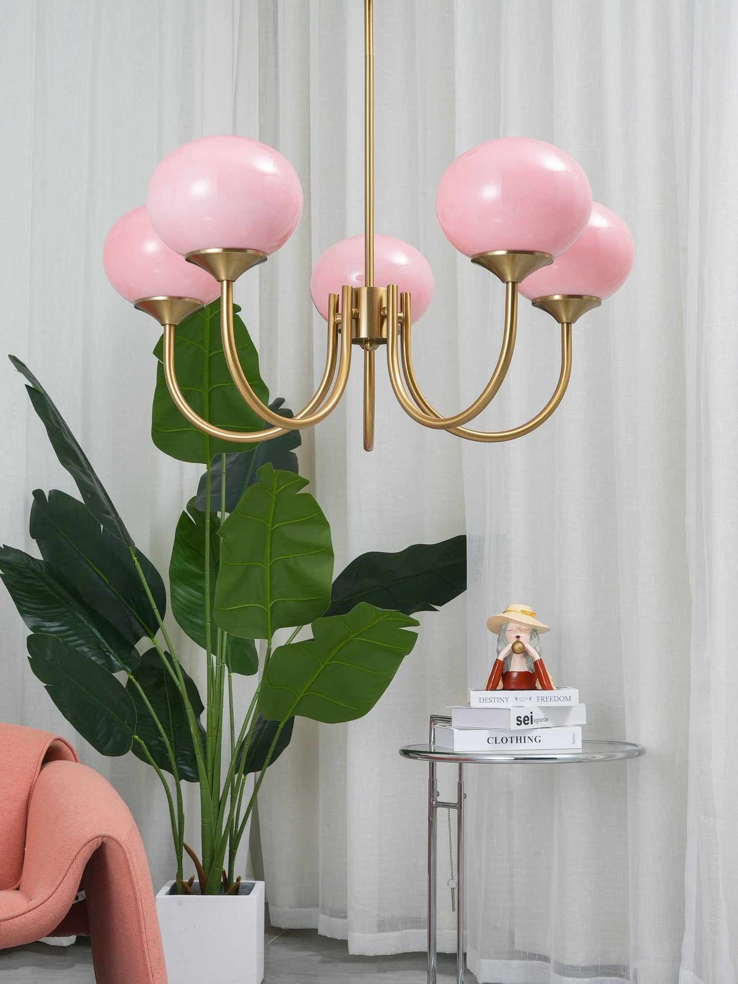 Plafonnier Moderne à 3 ou 5 Têtes - Fini Doré avec Abat-jours Roses en Verre