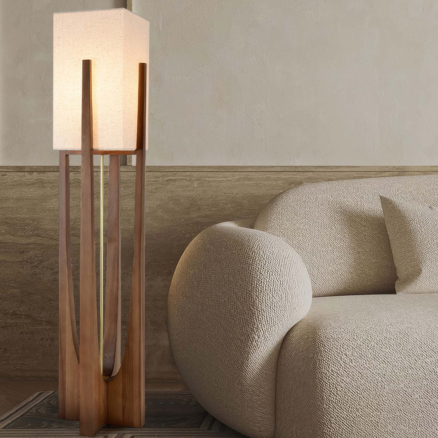 Lampe Sur Pied Japonaise en Bois de Noyer - Éclairage LED avec Abat-jour en Coton et Lin, Douille E27
