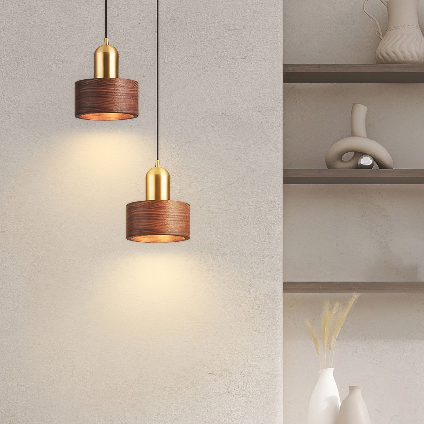 Suspension Cylinder – Lampe Moderne en Laiton et Bois avec Éclairage LED