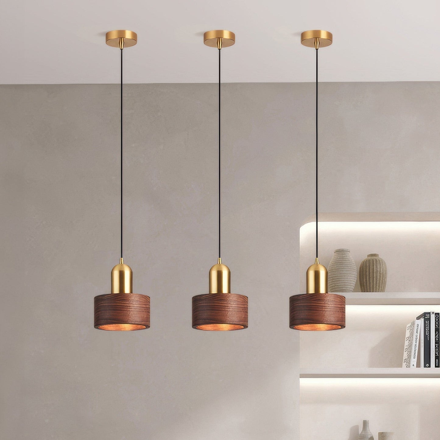 Suspension Cylinder – Lampe Moderne en Laiton et Bois avec Éclairage LED