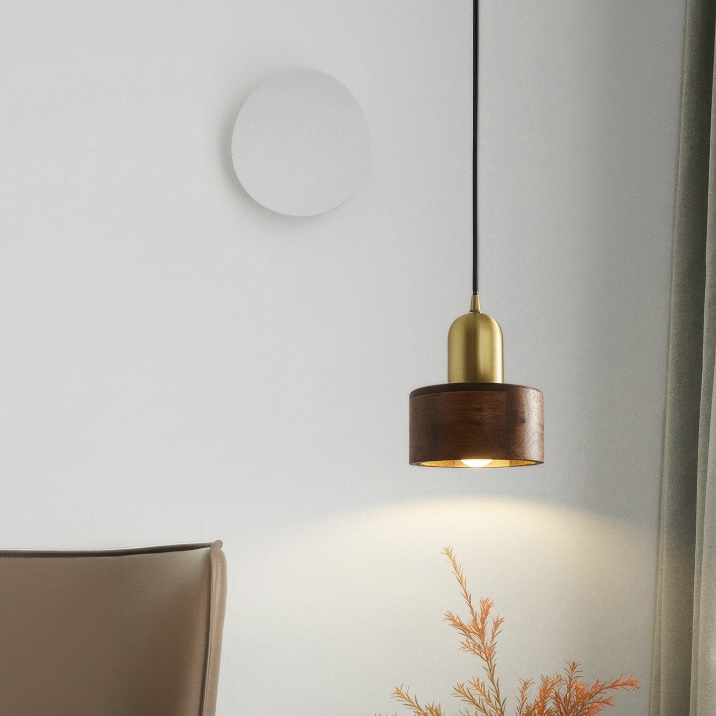 Suspension Cylinder – Lampe Moderne en Laiton et Bois avec Éclairage LED