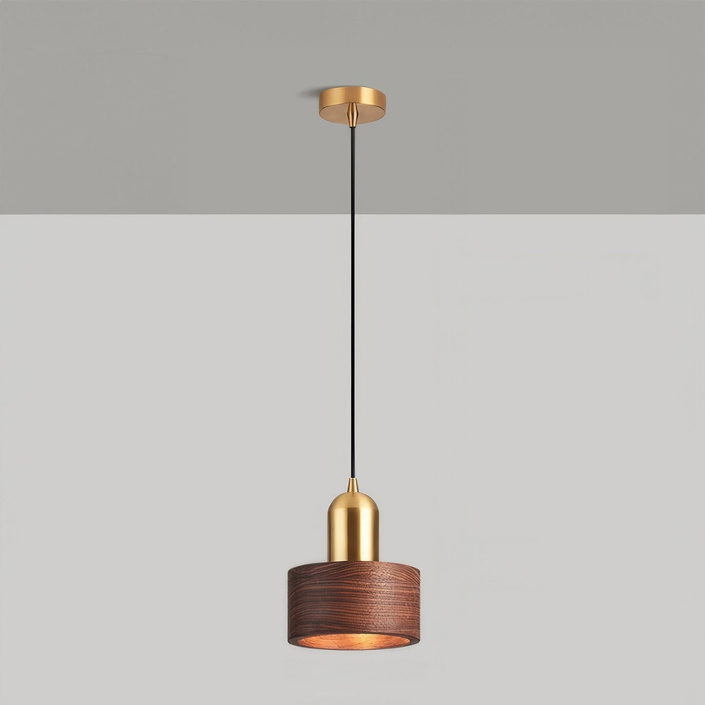 Suspension Cylinder – Lampe Moderne en Laiton et Bois avec Éclairage LED