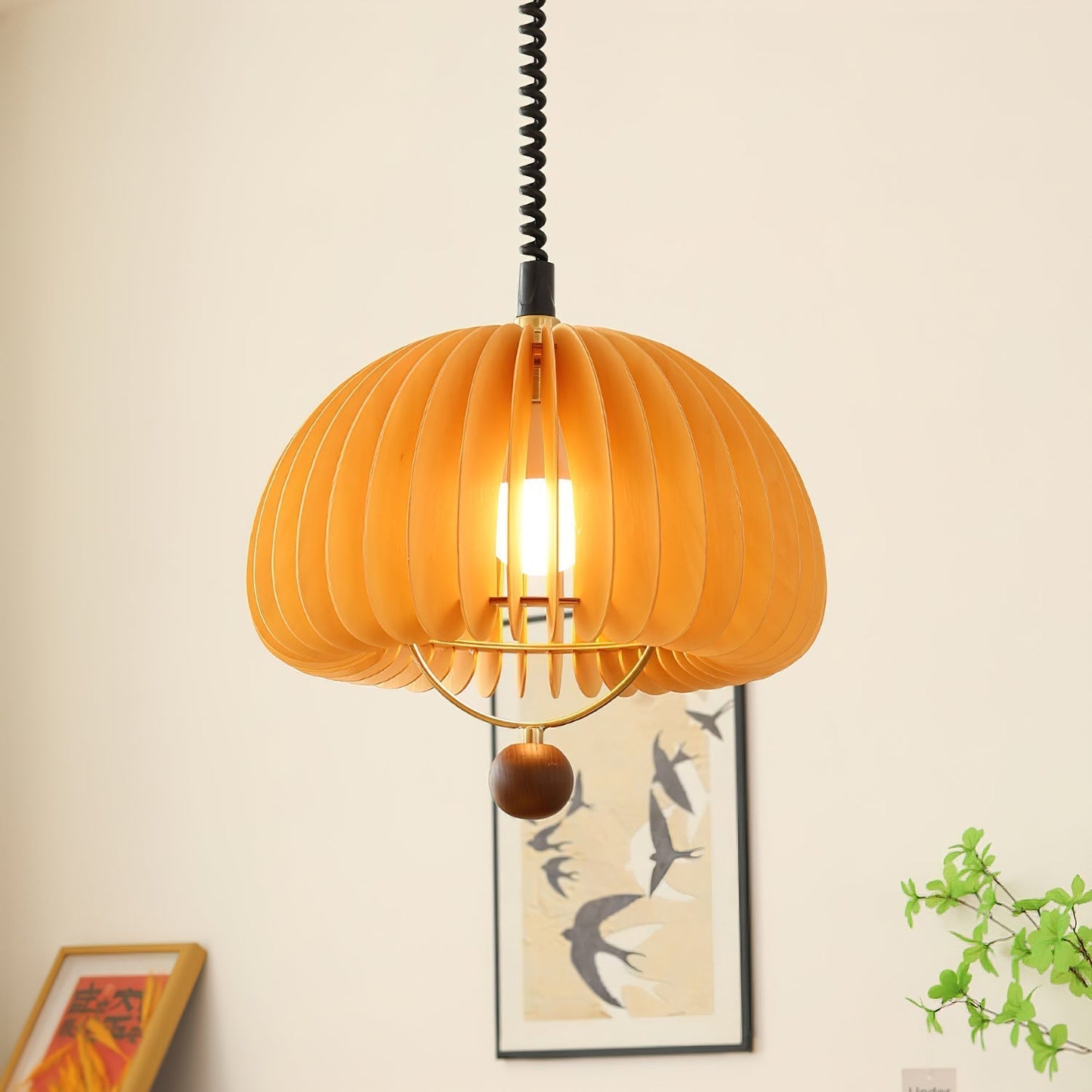 Suspension Pumpkin Réglable – Lampe Pendante en Métal et Bois, Design Naturel