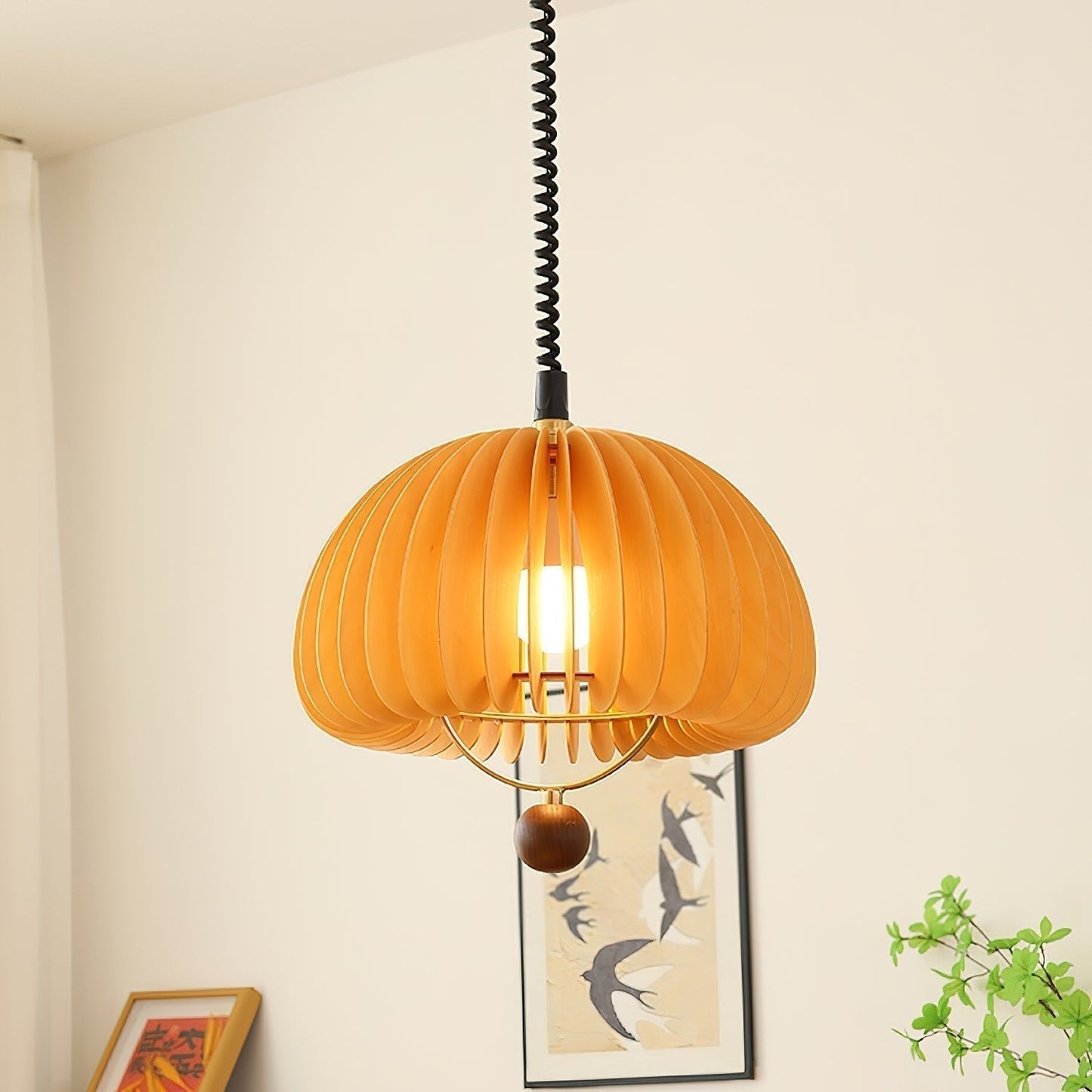 Suspension Pumpkin Réglable – Lampe Pendante en Métal et Bois, Design Naturel
