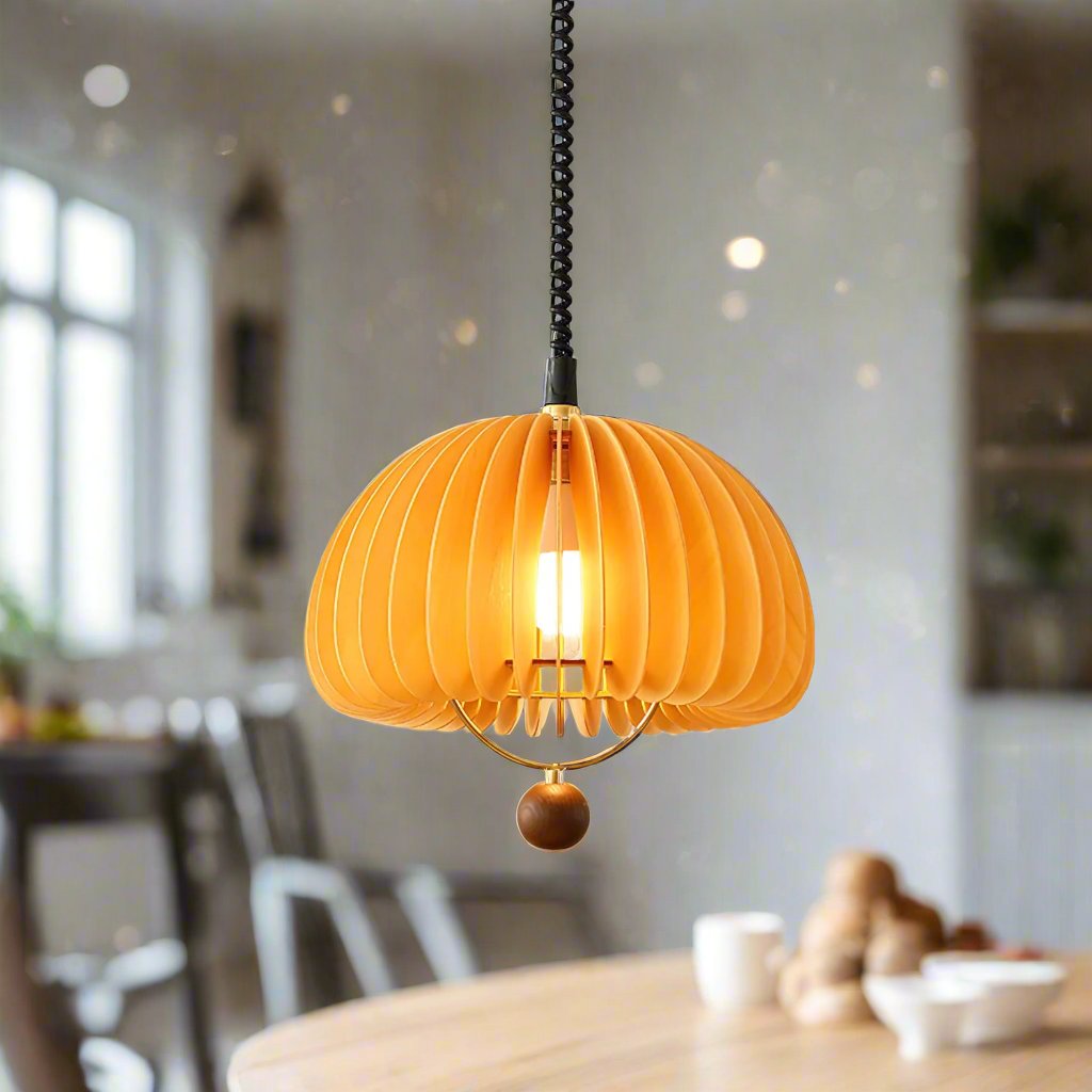 Suspension Pumpkin Réglable – Lampe Pendante en Métal et Bois, Design Naturel