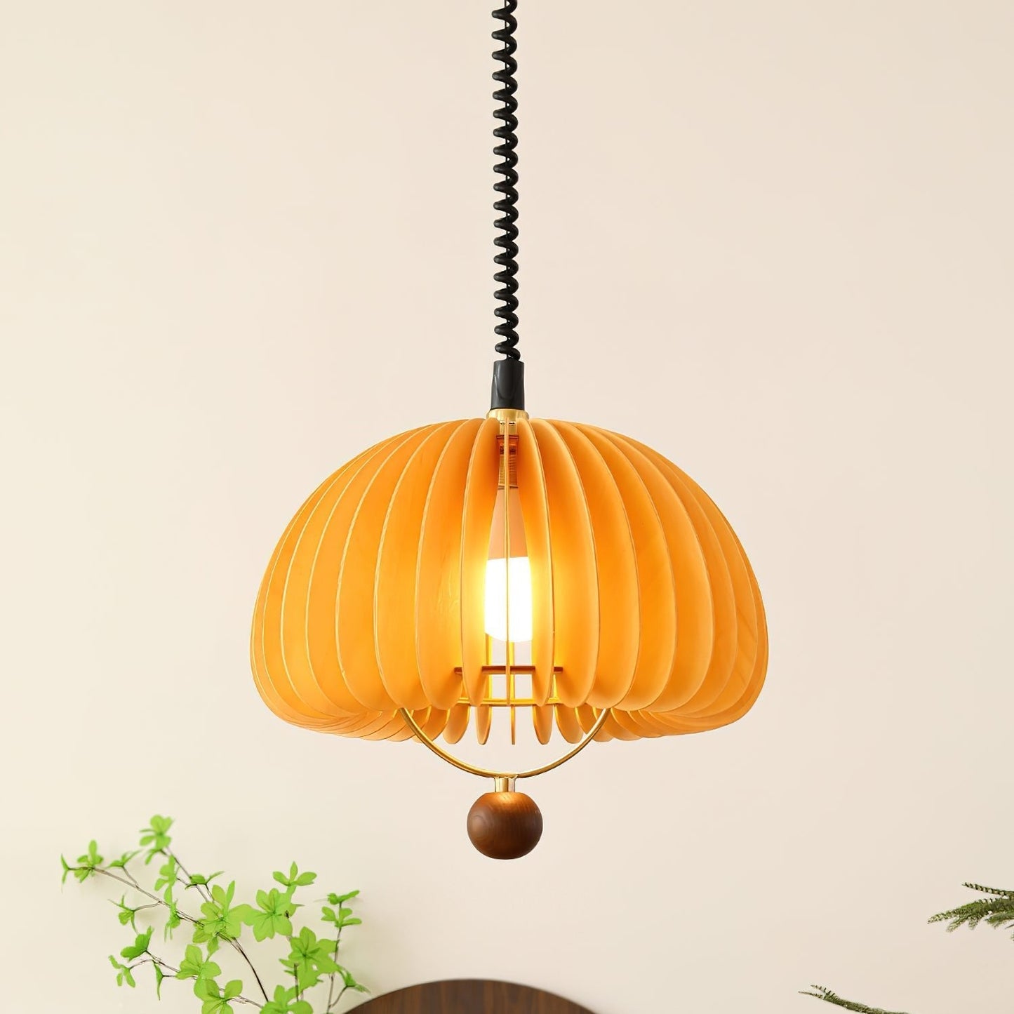 Suspension Pumpkin Réglable – Lampe Pendante en Métal et Bois, Design Naturel