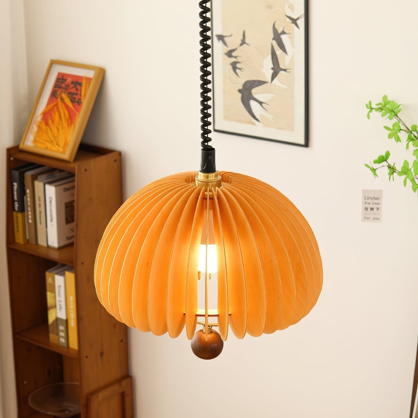 Suspension Pumpkin Réglable – Lampe Pendante en Métal et Bois, Design Naturel