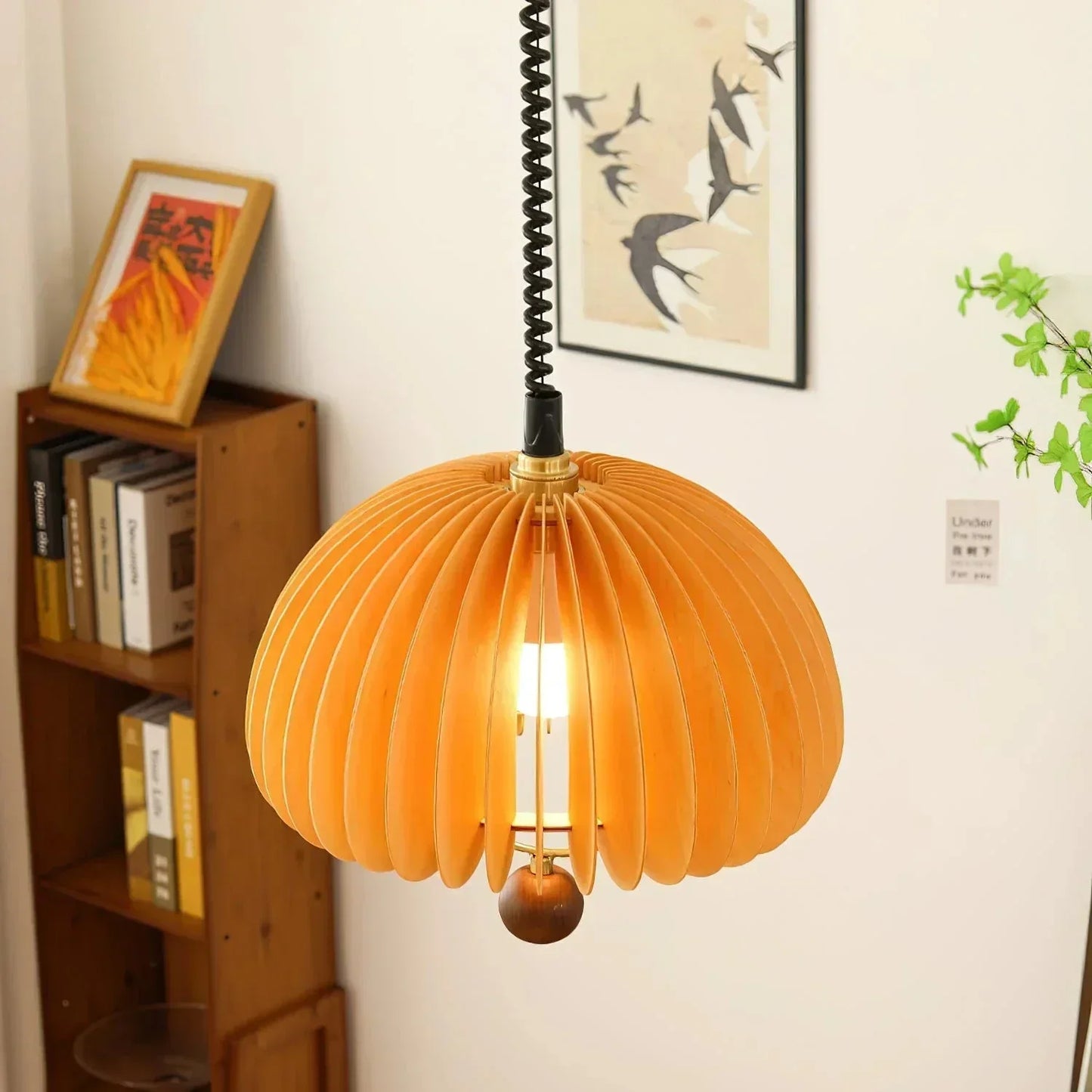 Suspension Pumpkin Réglable – Lampe Pendante en Métal et Bois, Design Naturel