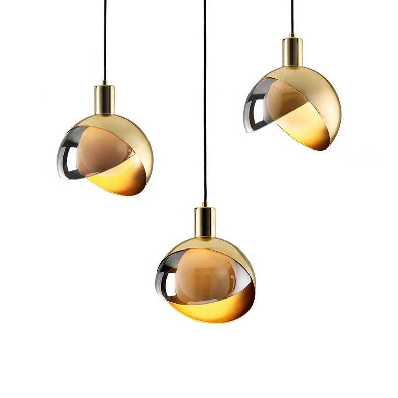 Suspension Moderne en Verre et Métal Doré - Lampe Pendante Design Nordic avec Abat-jour Fumé