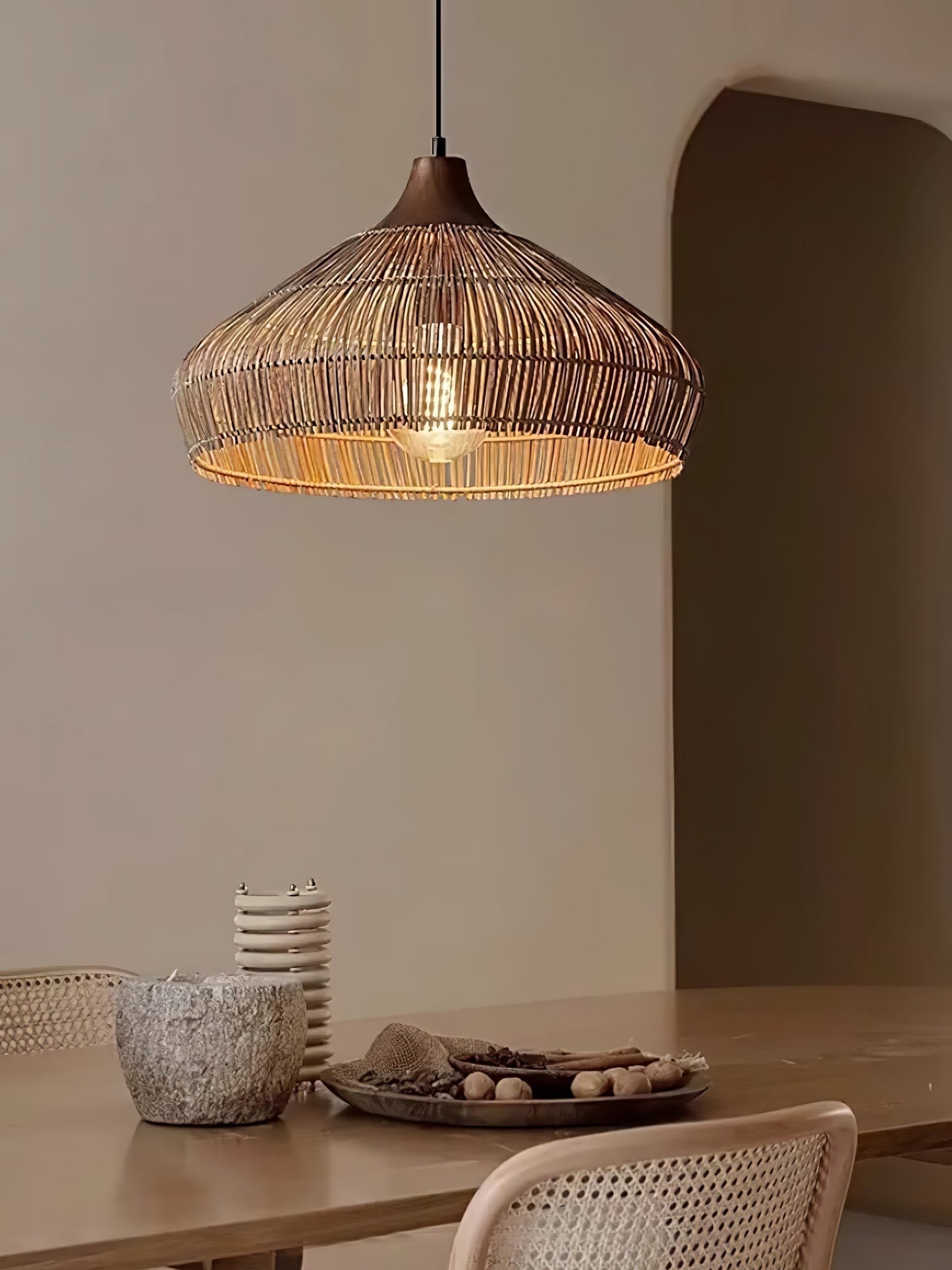 Suspension Wicker Rattan avec Abat-jour en Bois et Rattan - Éclairage LED