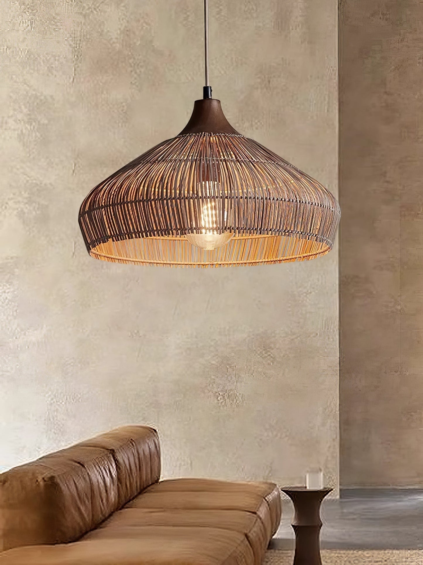 Suspension Wicker Rattan avec Abat-jour en Bois et Rattan - Éclairage LED