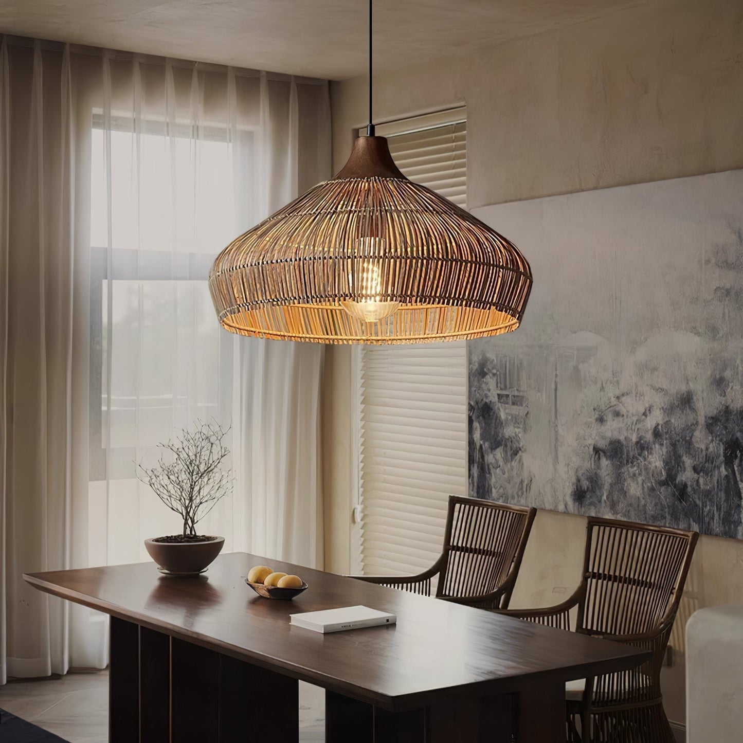 Suspension Wicker Rattan avec Abat-jour en Bois et Rattan - Éclairage LED