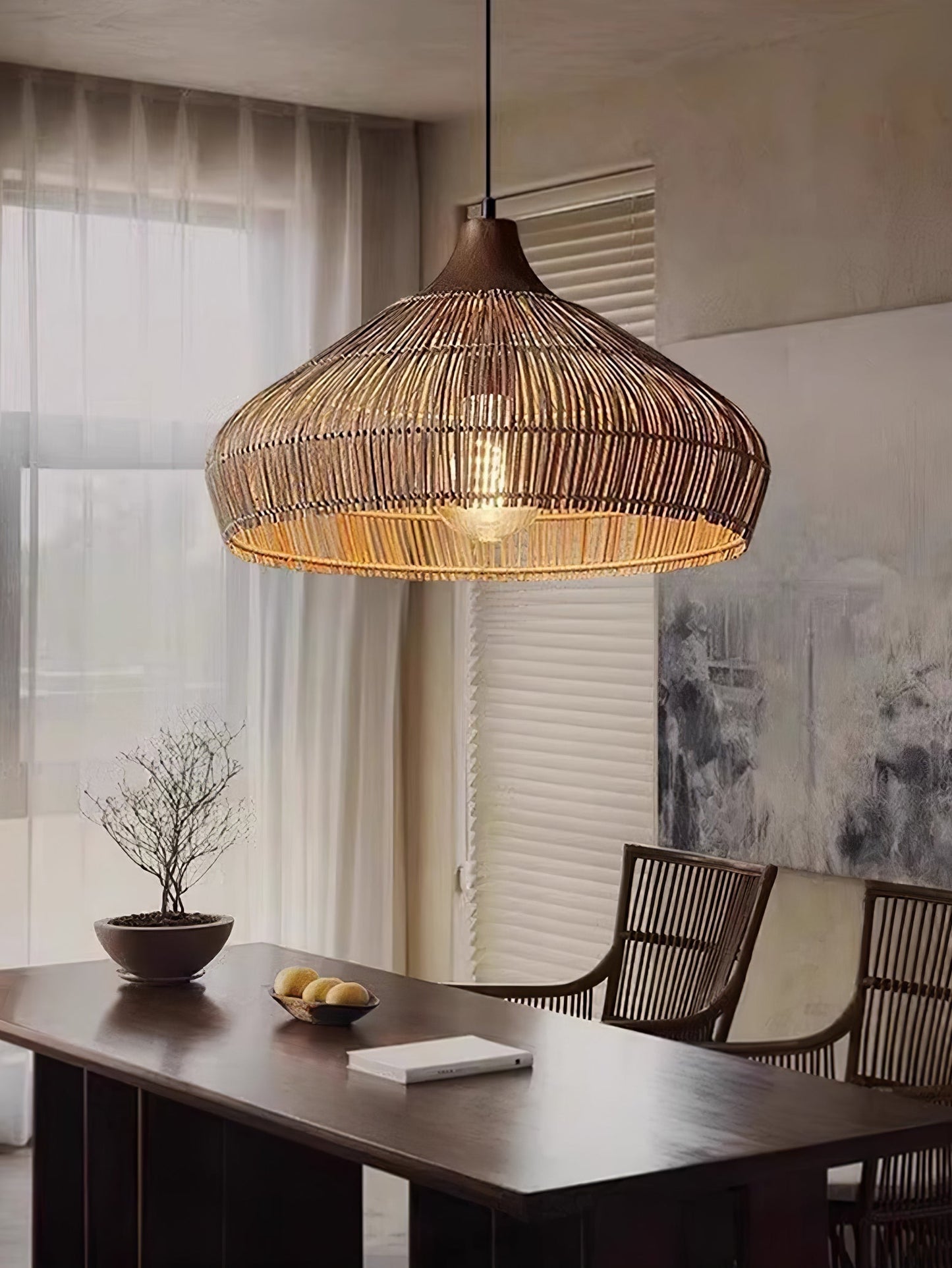Suspension Wicker Rattan avec Abat-jour en Bois et Rattan - Éclairage LED