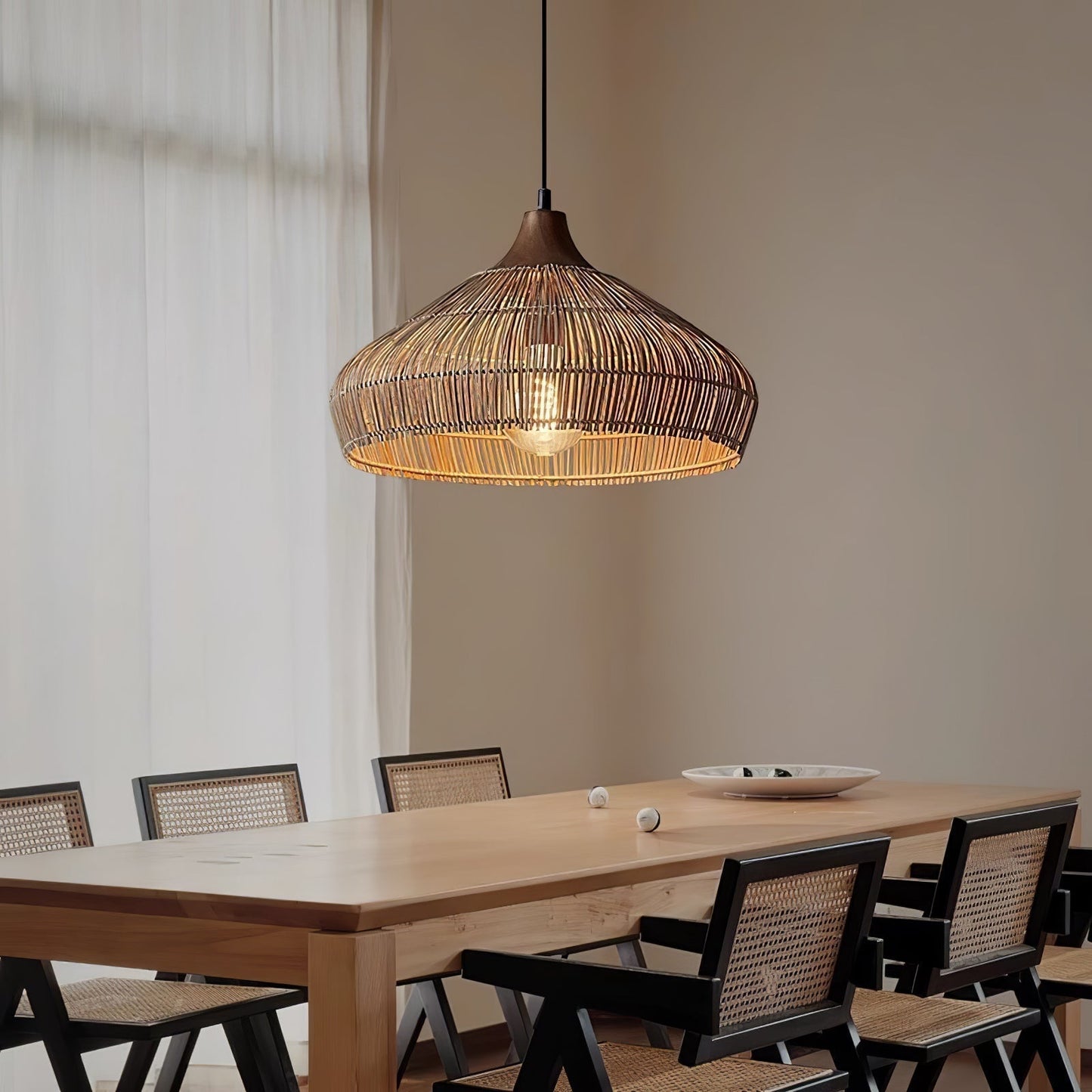Suspension Wicker Rattan avec Abat-jour en Bois et Rattan - Éclairage LED