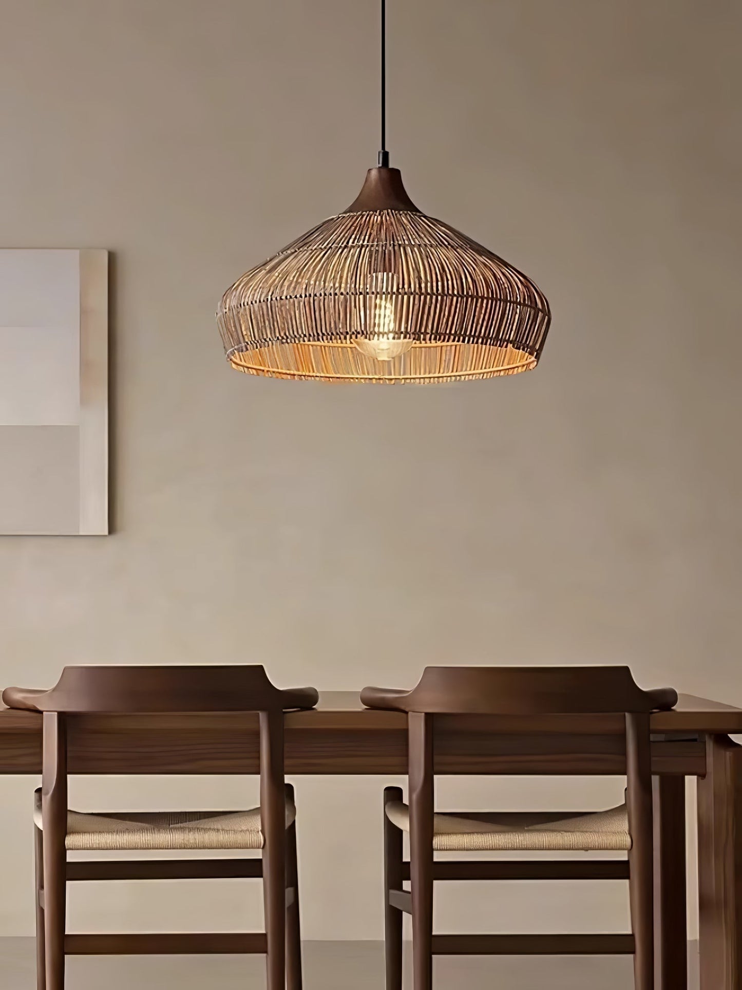 Suspension Wicker Rattan avec Abat-jour en Bois et Rattan - Éclairage LED