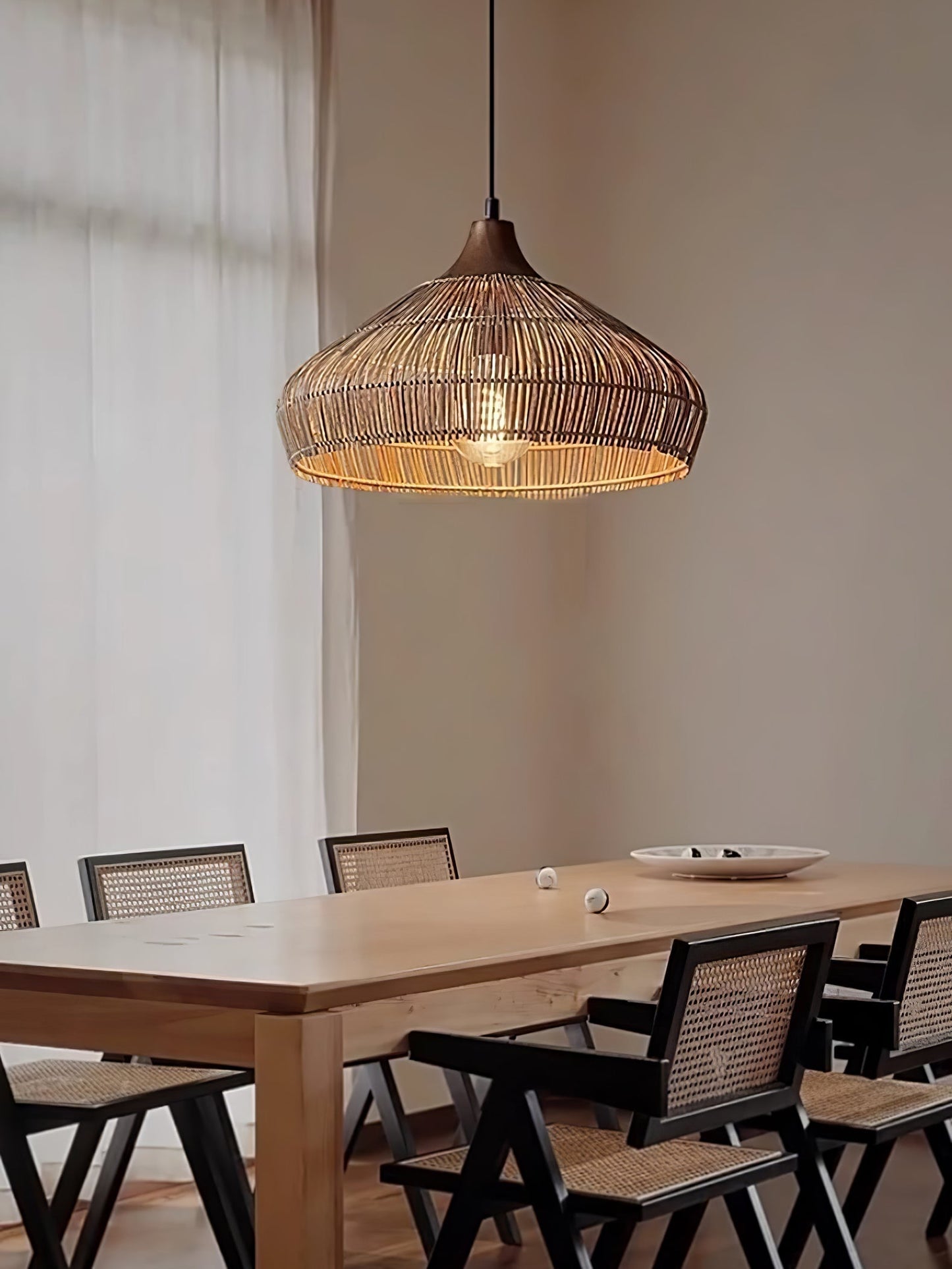 Suspension Wicker Rattan avec Abat-jour en Bois et Rattan - Éclairage LED