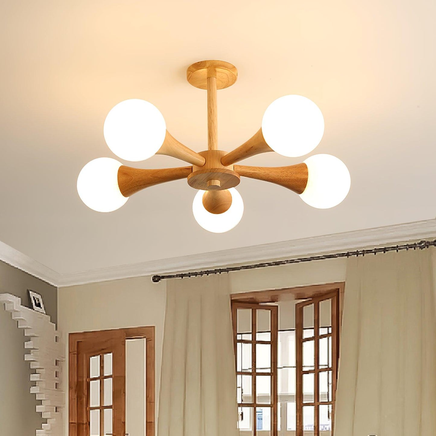 Chandelier en Bois et Verre - Design Élégant avec Lumière LED pour Petits Espaces