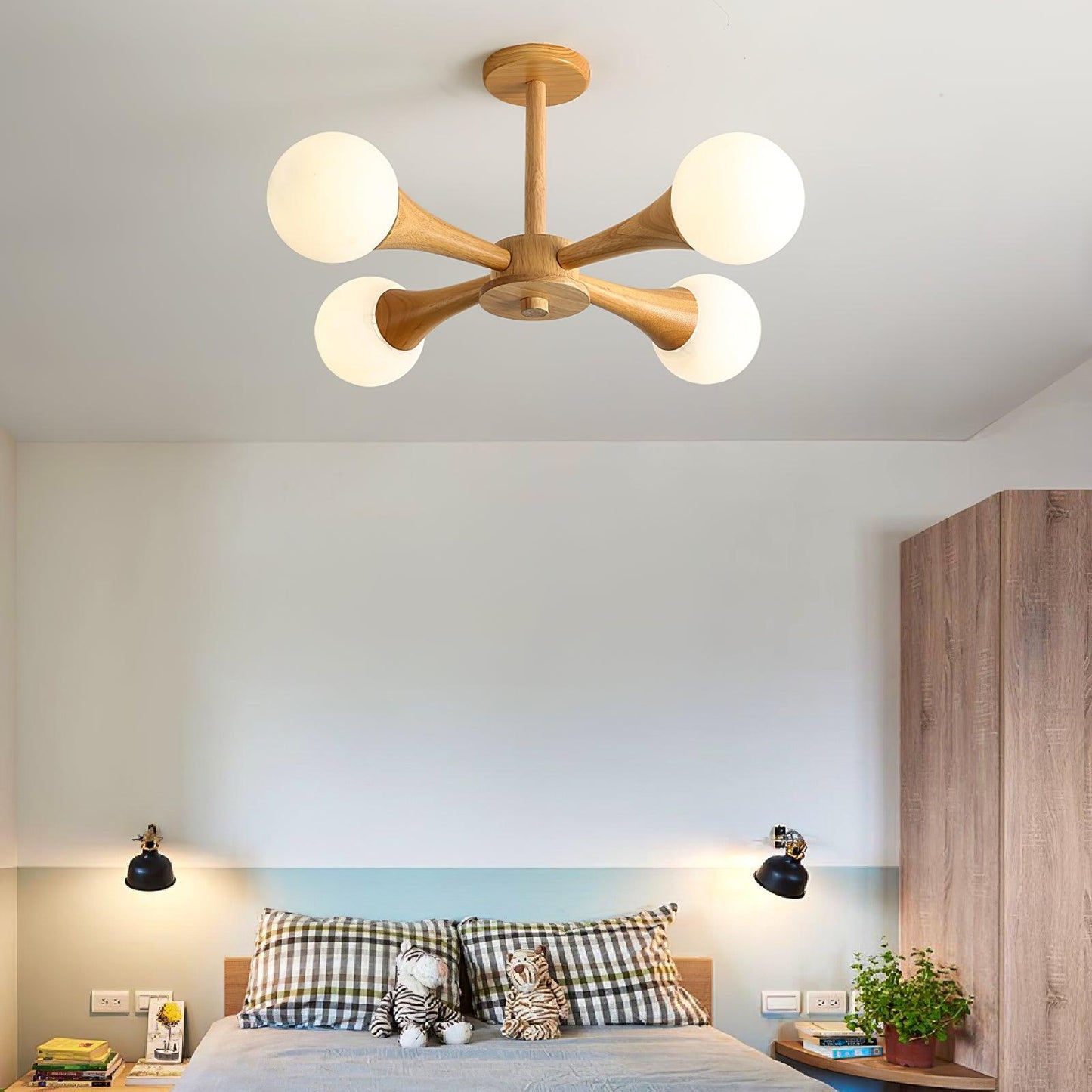 Chandelier en Bois et Verre - Design Élégant avec Lumière LED pour Petits Espaces