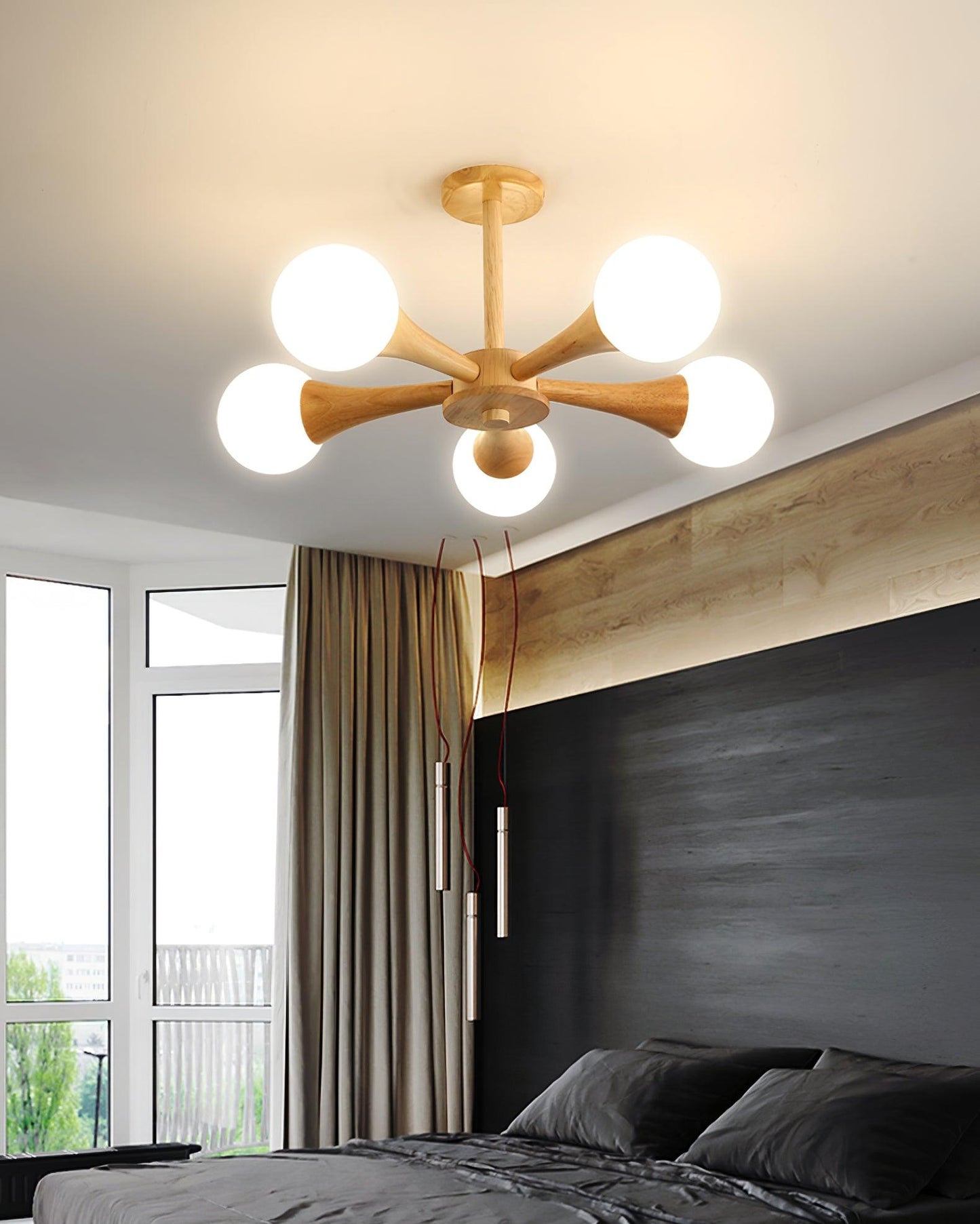 Chandelier en Bois et Verre - Design Élégant avec Lumière LED pour Petits Espaces