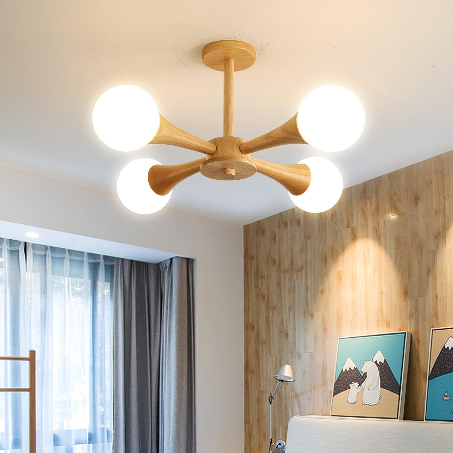 Chandelier en Bois et Verre - Design Élégant avec Lumière LED pour Petits Espaces