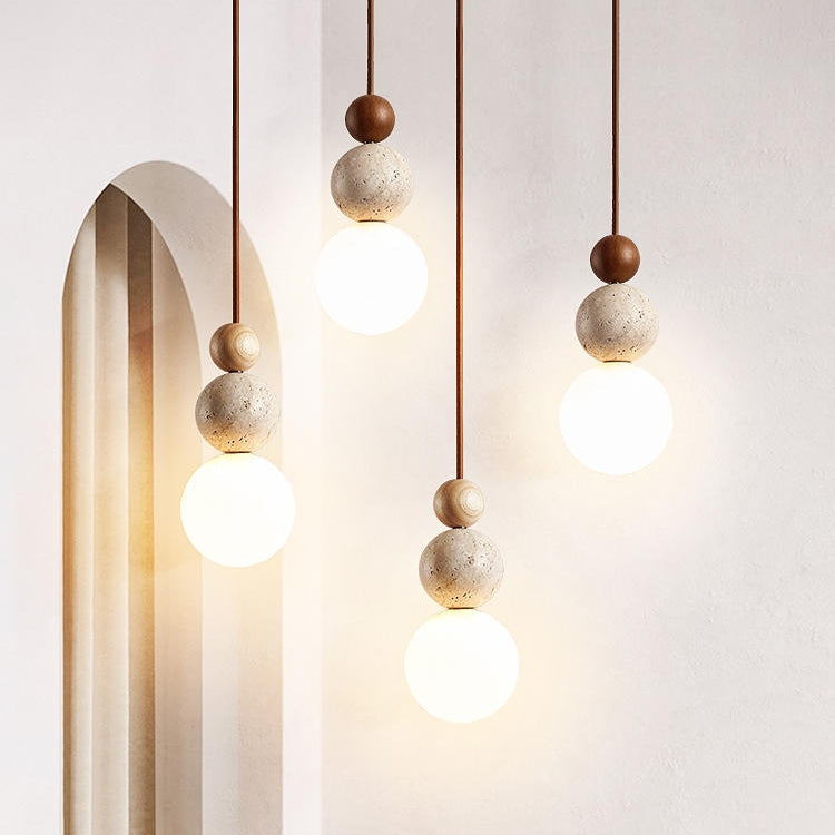 Suspension en Pierre de Lave Naturelle Travertin - Lampe Élégante en Verre et Bois