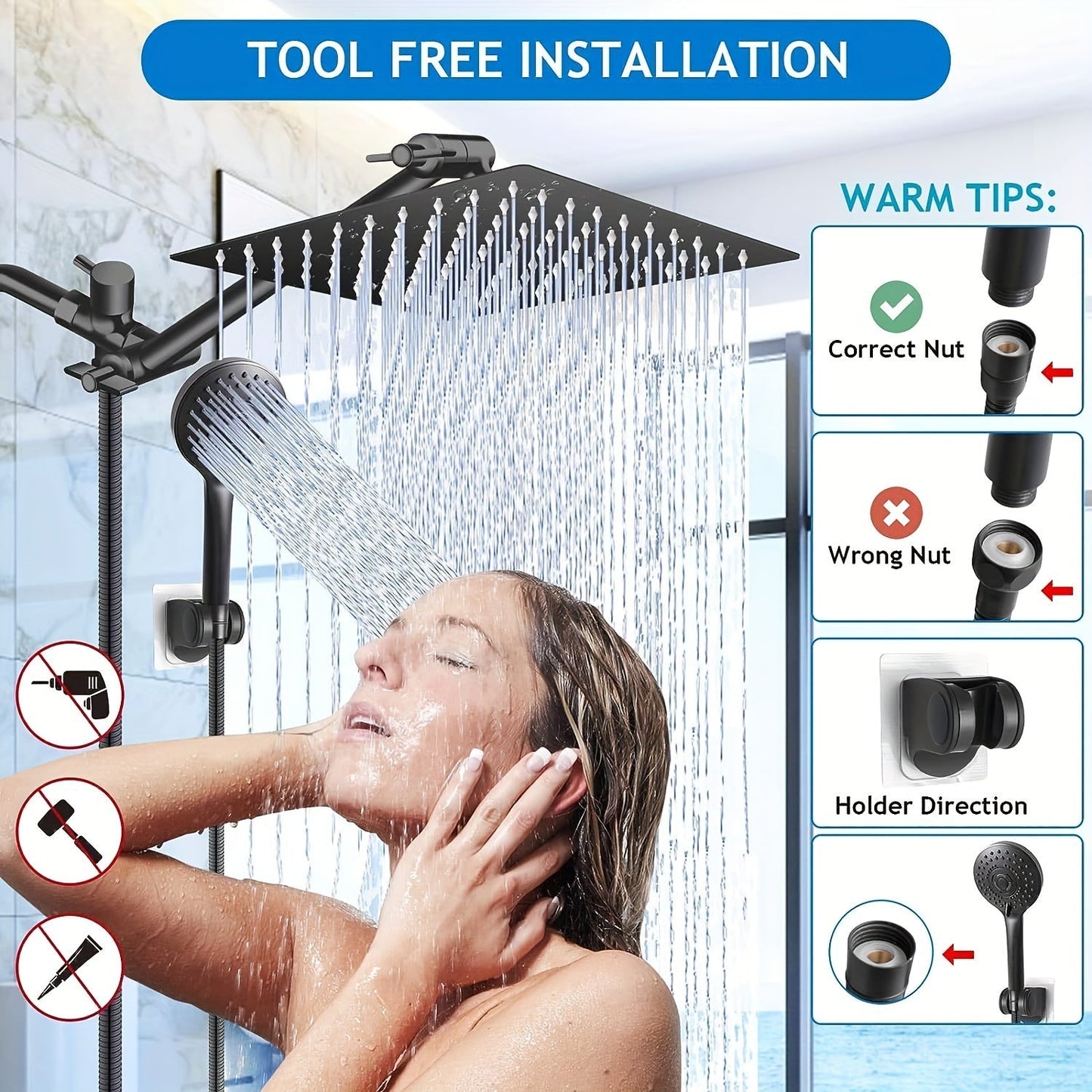 Douche à effet de pluie double à haute pression avec pulvérisateur à main
